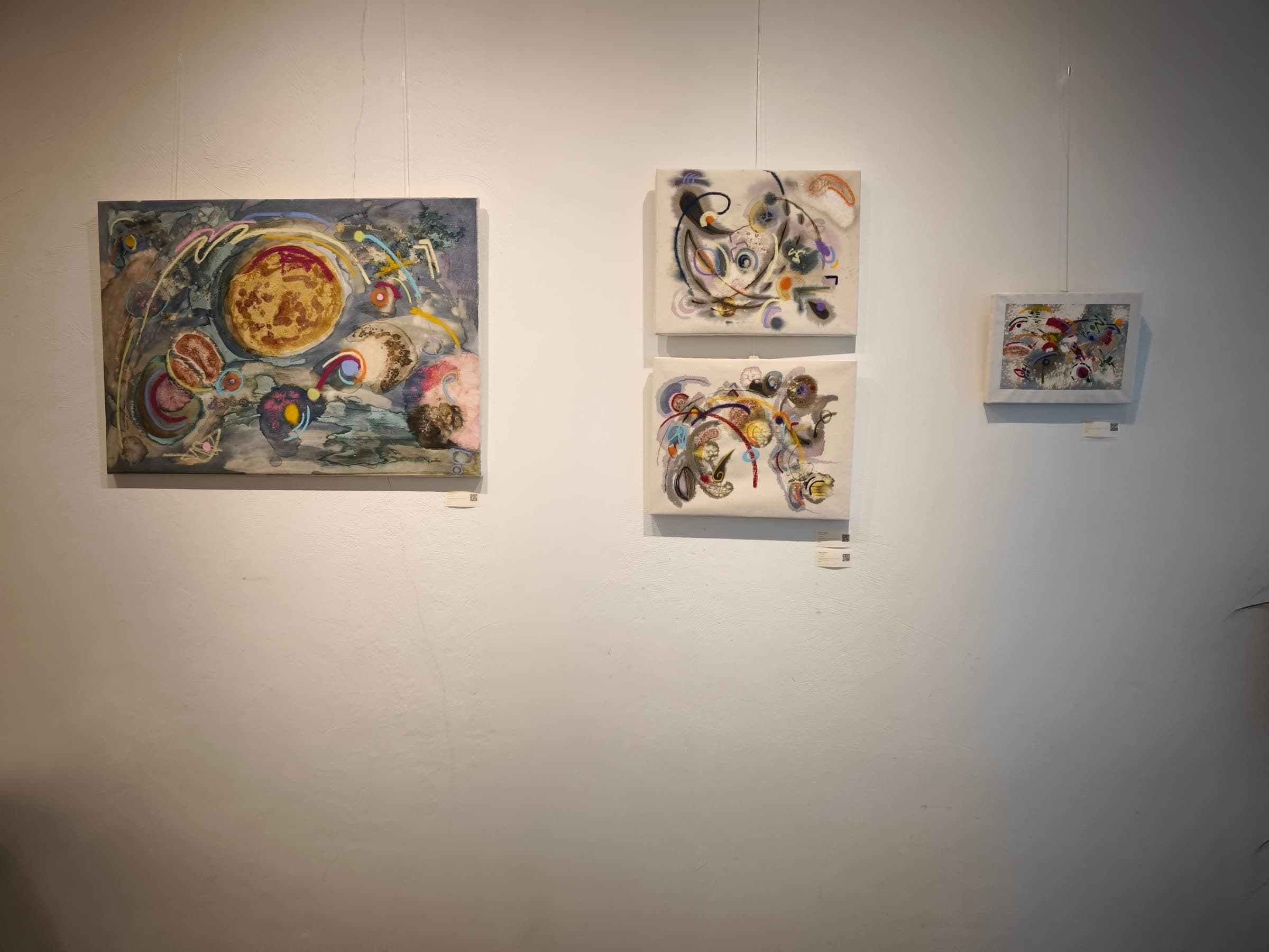 Three paintings by Bianca Castro hung together at Matéria Viva, Hello, Kristof, Lisbon