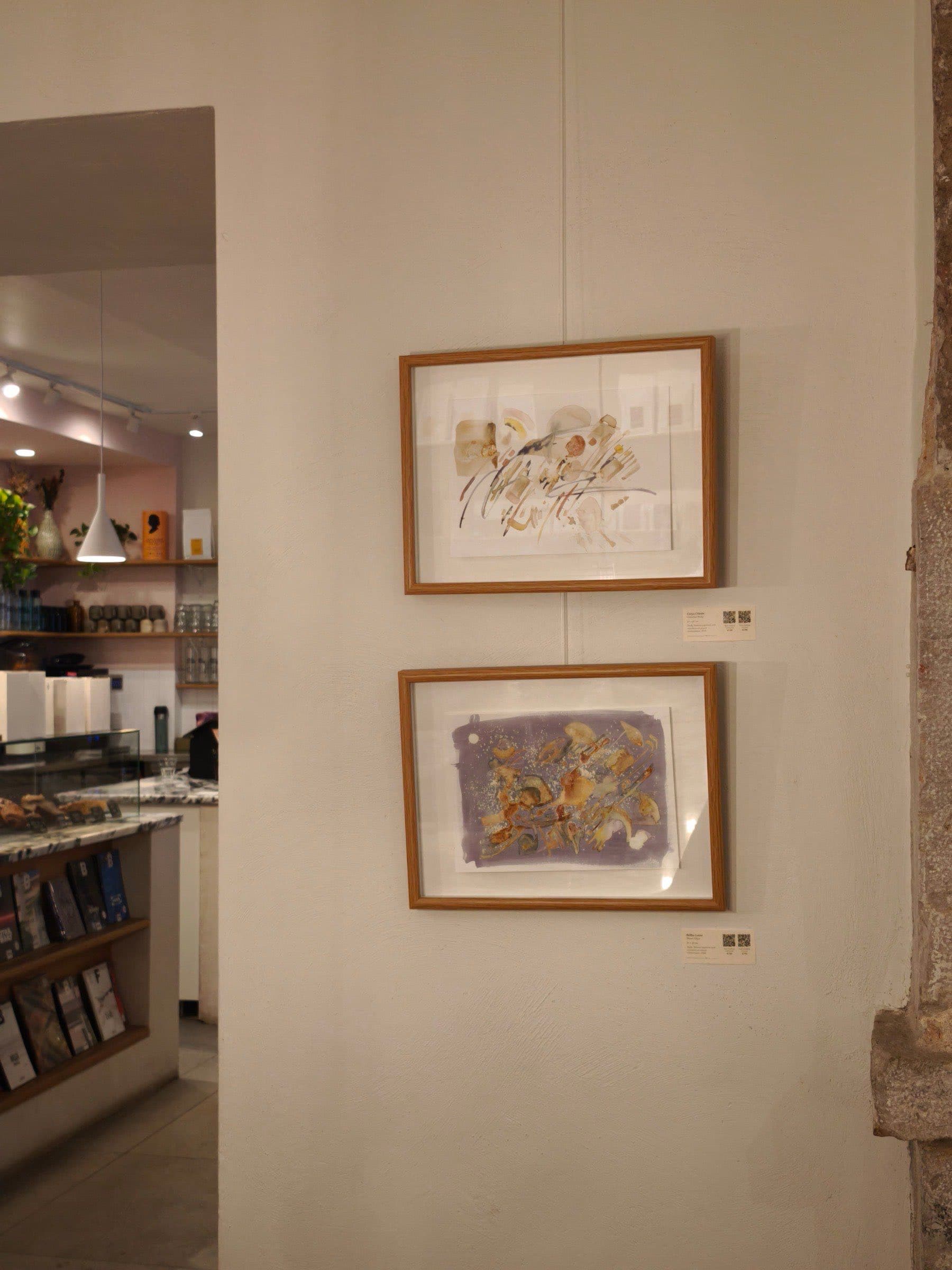 Two framed works on paper by Bianca Castro in the café corridor at Hello, Kristof