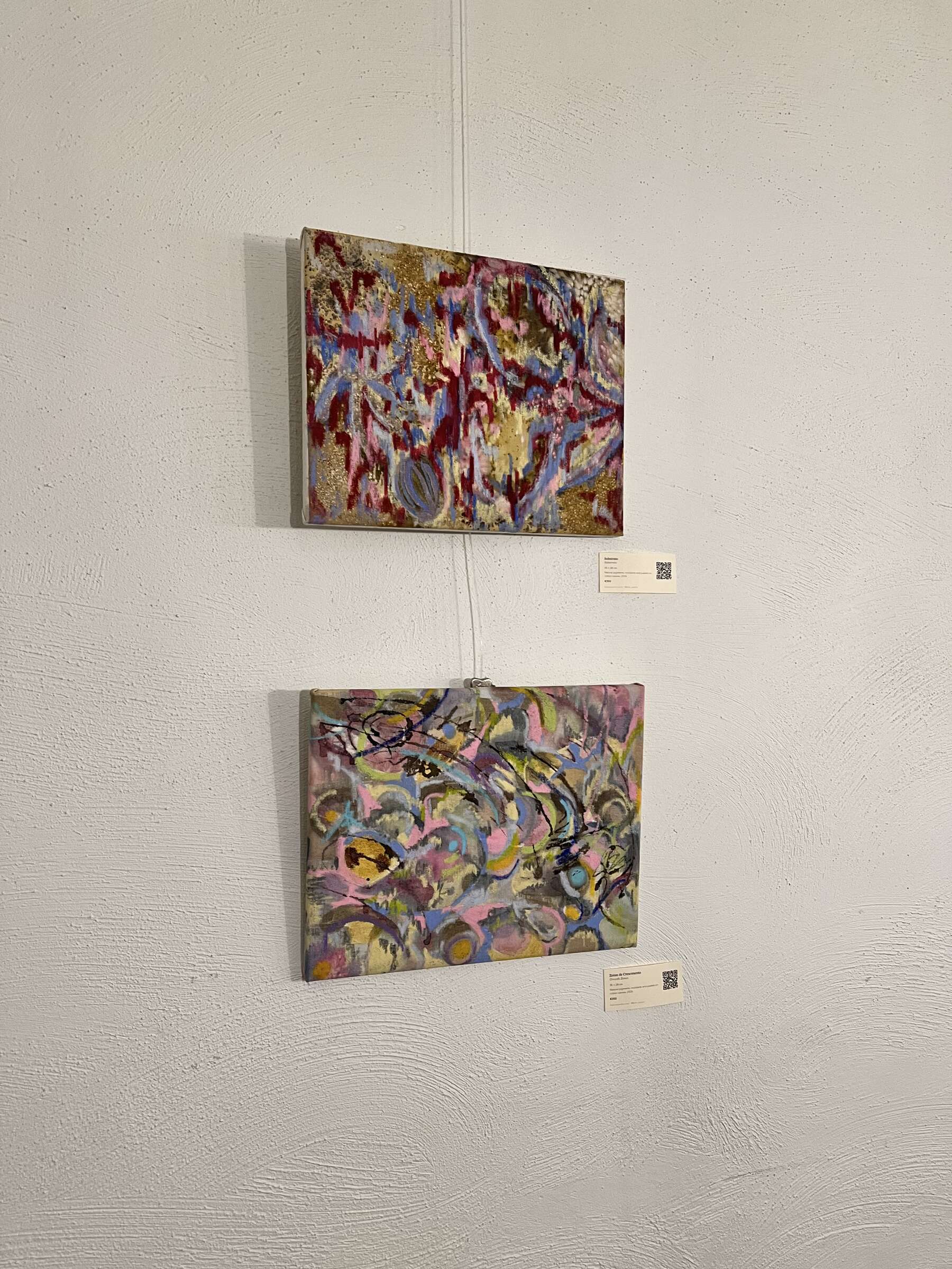 Two paintings by Bianca Castro hung one above the other at Matéria Viva