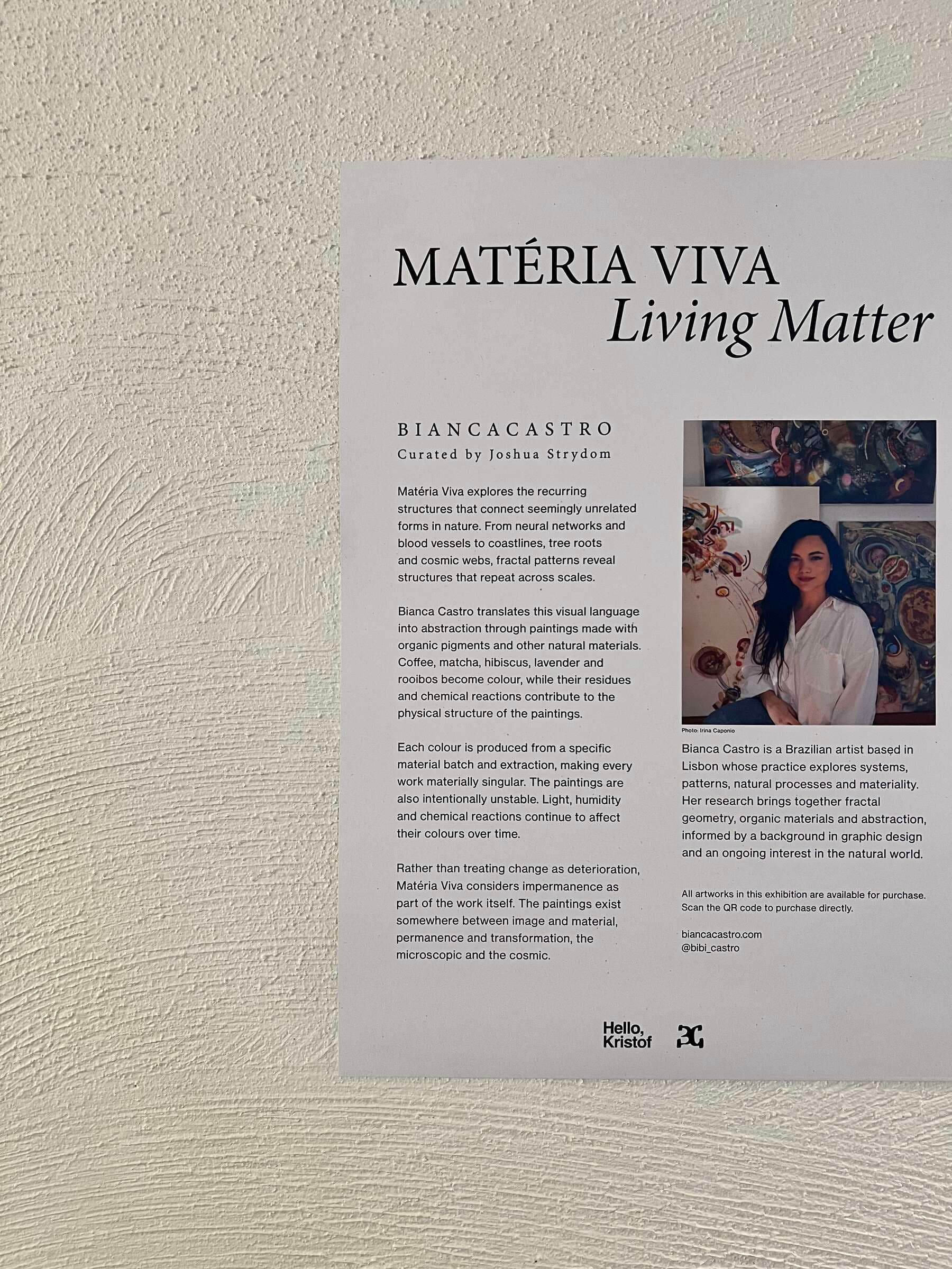Matéria Viva exhibition wall text, curated by Joshua Strydom, at Hello, Kristof
